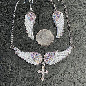 Beautiful AB Rhinestone Angel Wing Cross Necklace and Earrings Jewelry Set